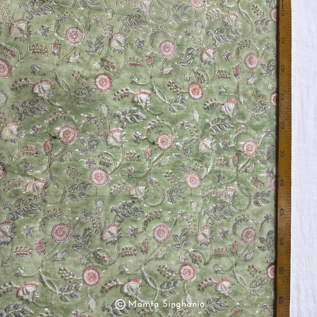 Light Green Floral Printed Mul Chanderi Fabric