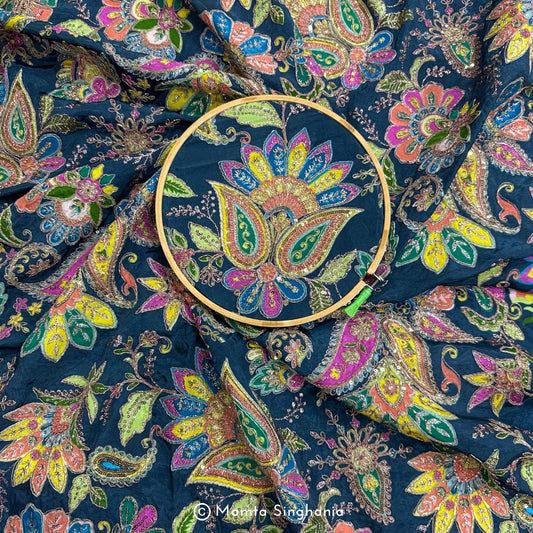 Royal Blue Floral Embroidered Silk Crepe Lehenga Fabric