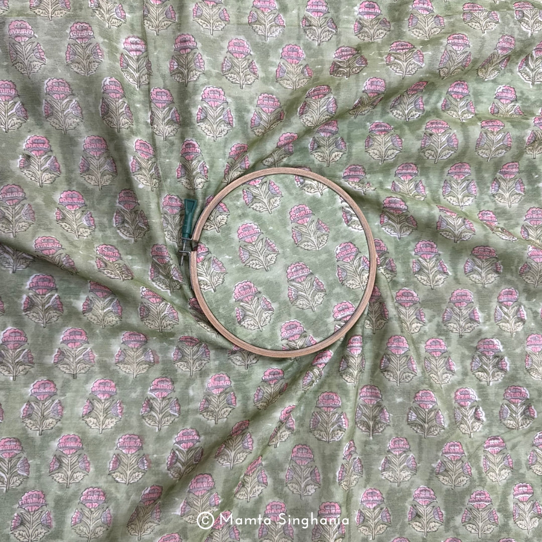 Light Green Floral Printed Mul Chanderi Fabric