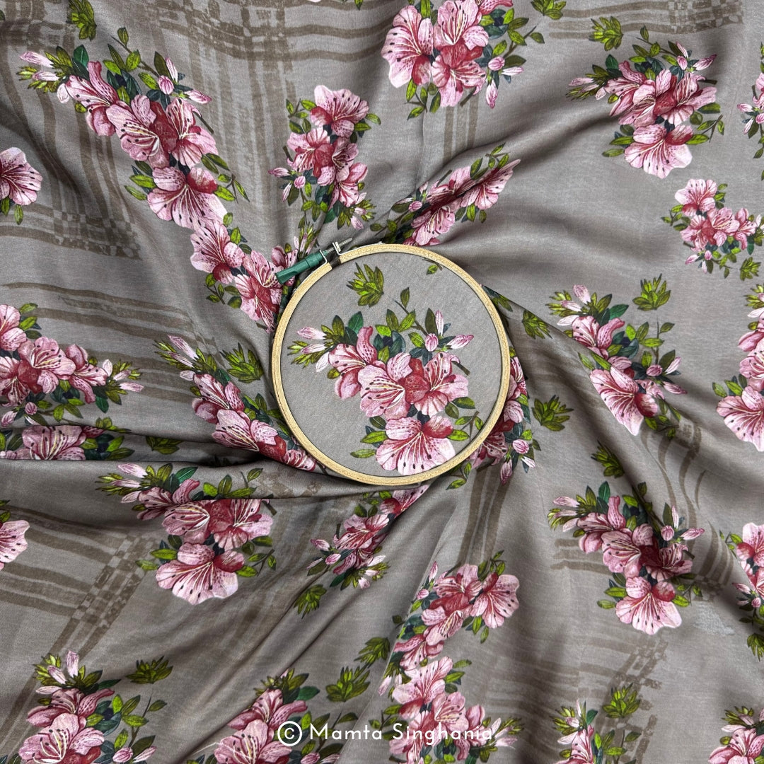Pink Brown Floral Printed Modal Satin