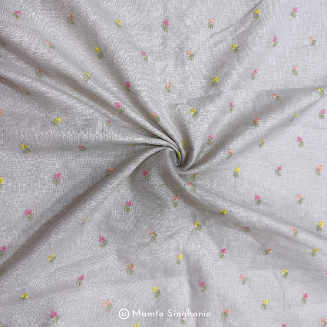 Light Grey Floral Embroidered Linen Fabric