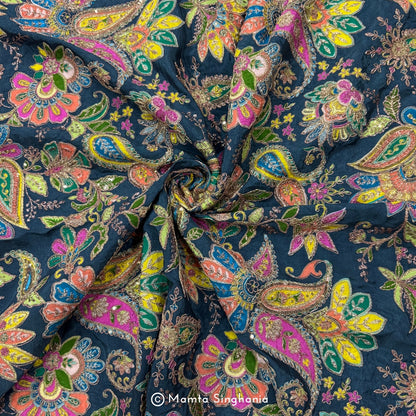 Royal Blue Floral Embroidered Silk Crepe Lehenga Fabric