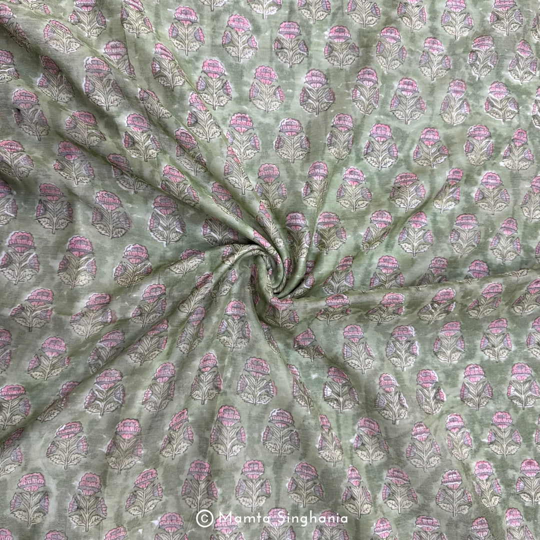 Light Green Floral Printed Mul Chanderi Fabric
