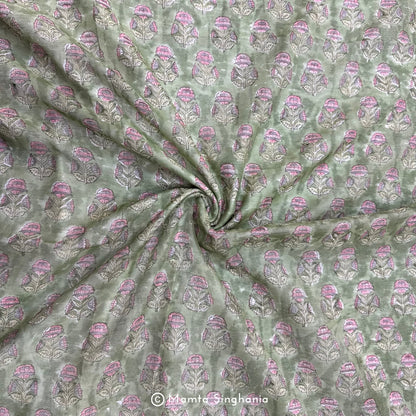 Light Green Floral Printed Mul Chanderi Fabric