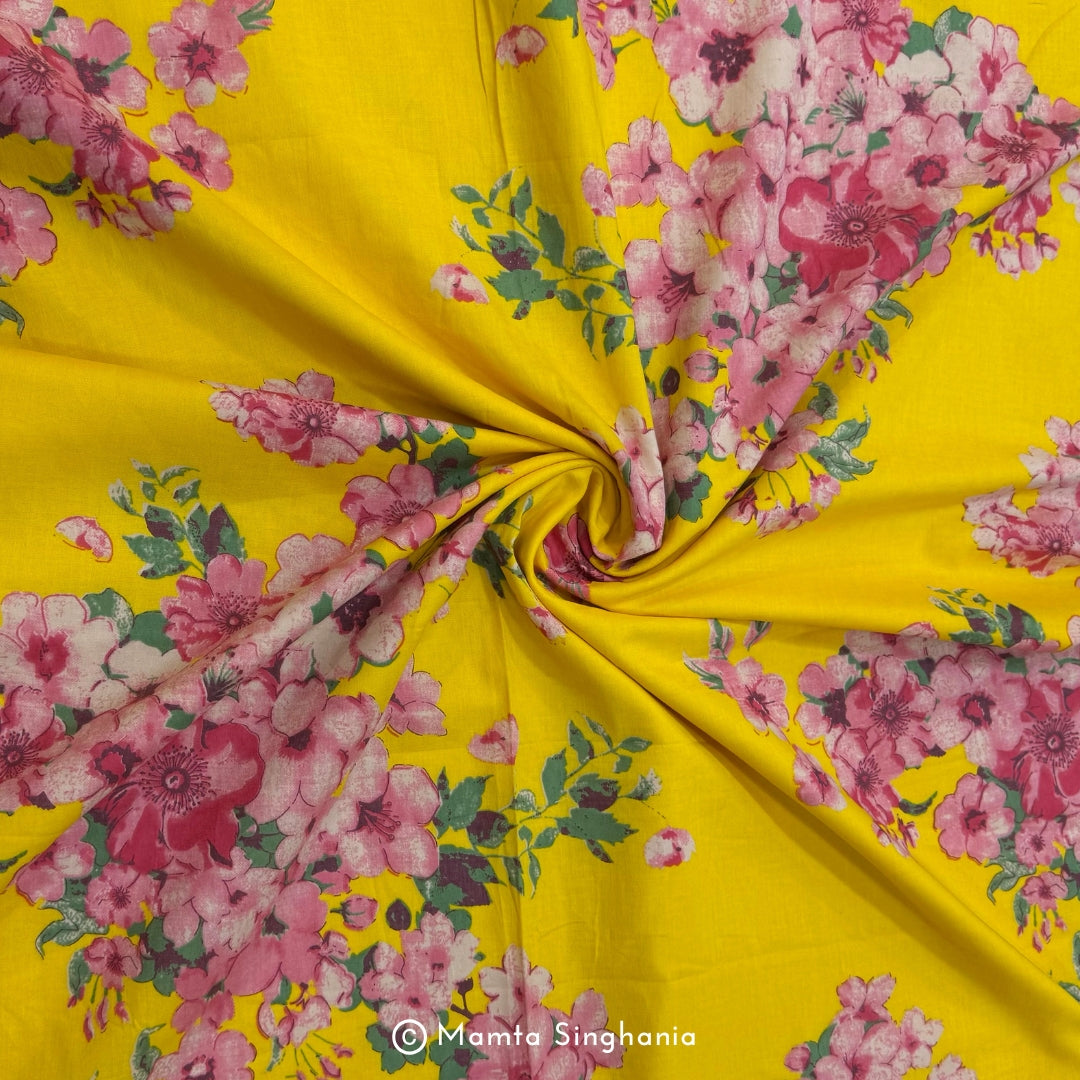 Yellow Floral Printed Cotton Fabric