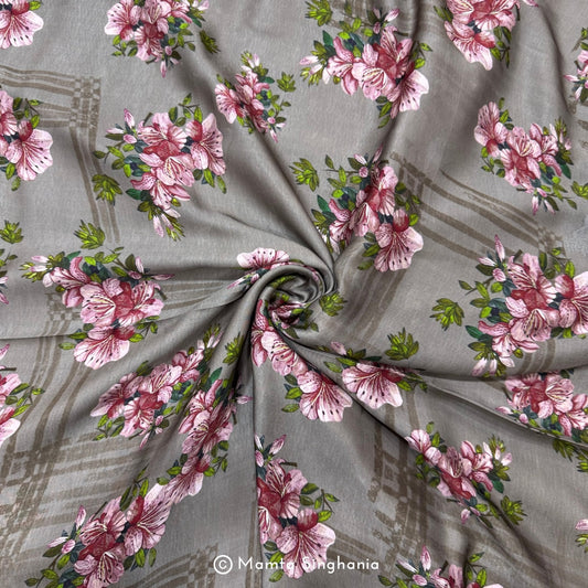 Pink Brown Floral Printed Modal Satin