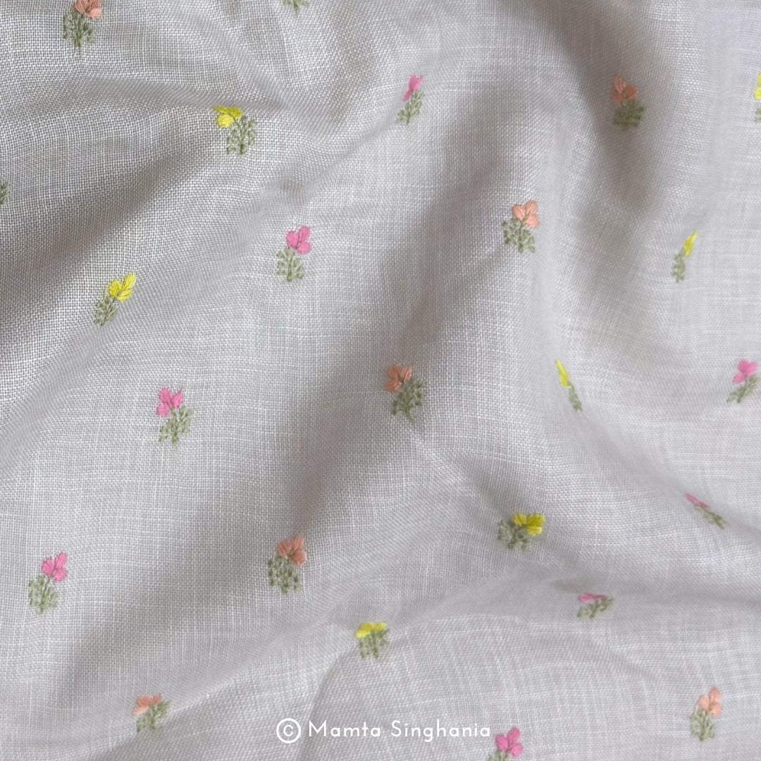 Light Grey Floral Embroidered Linen Fabric
