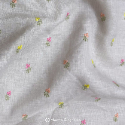 Light Grey Floral Embroidered Linen Fabric