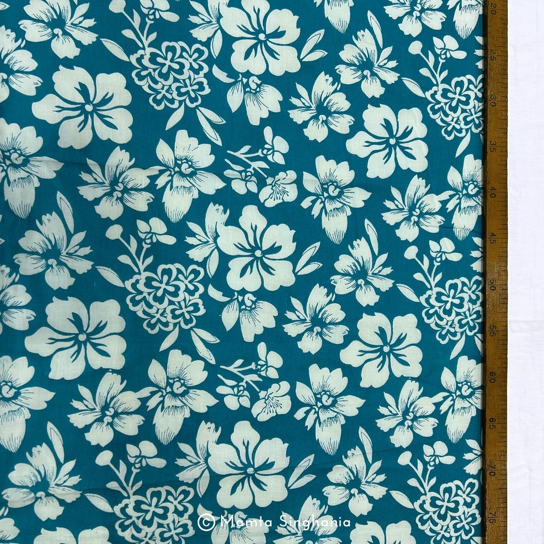Teal Blue Floral Printed Cotton Fabric