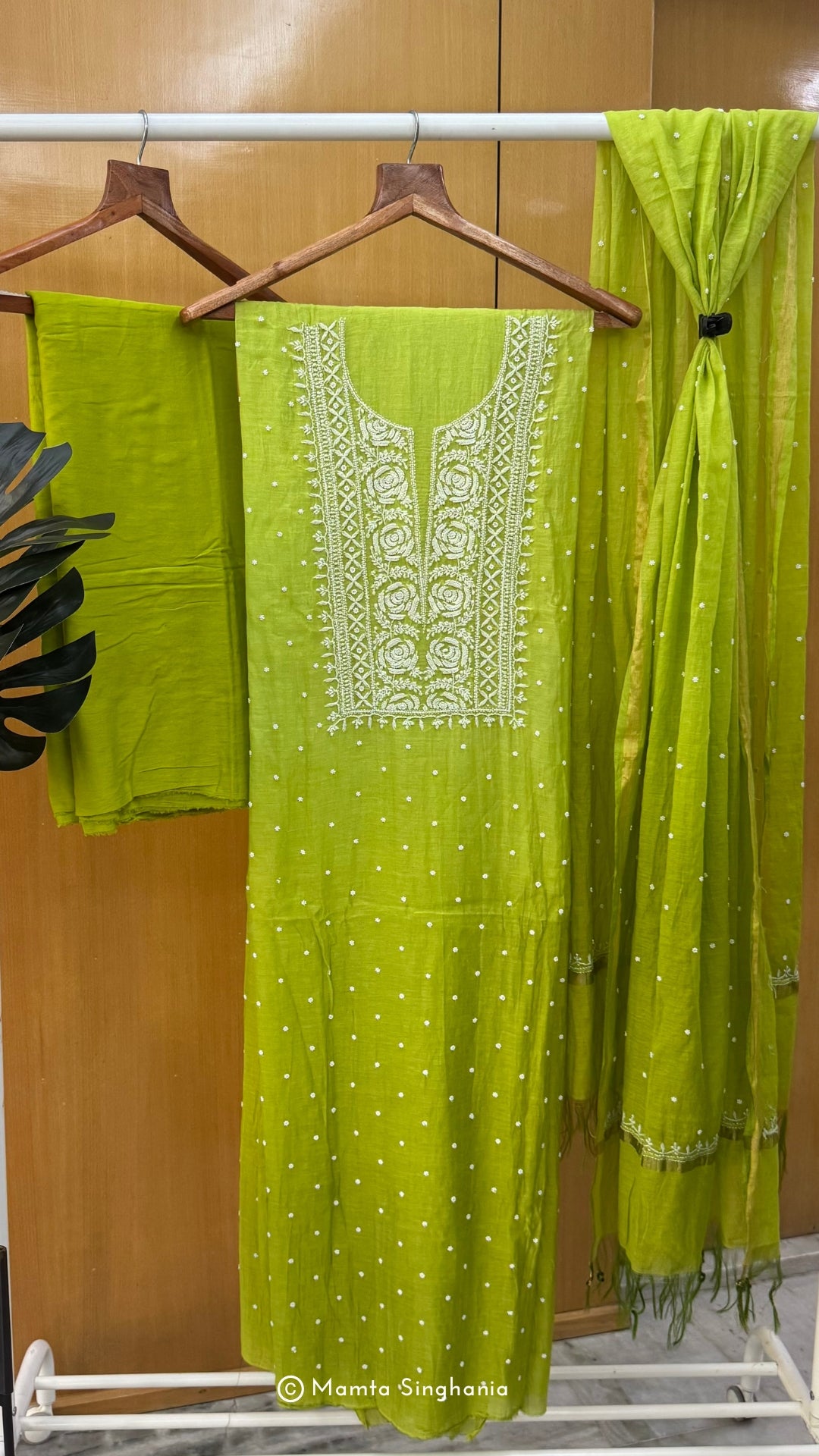 Parrot Green Unstitched Chikankari Suit Set