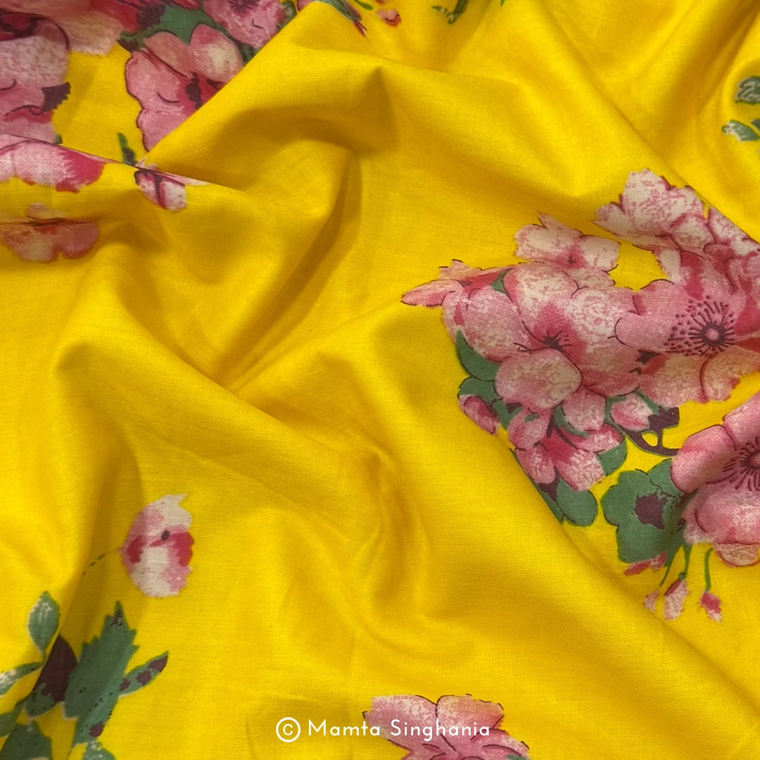 Yellow Floral Printed Cotton Fabric