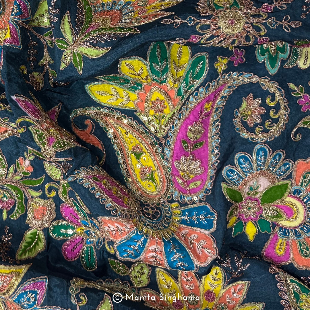 Royal Blue Floral Embroidered Silk Crepe Lehenga Fabric