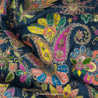 Royal Blue Floral Embroidered Silk Crepe Lehenga Fabric