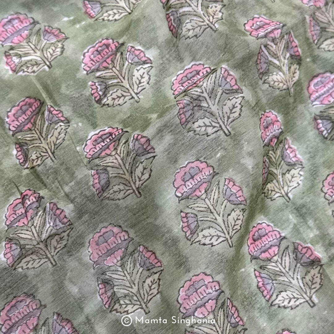 Light Green Floral Printed Mul Chanderi Fabric