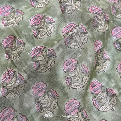 Light Green Floral Printed Mul Chanderi Fabric