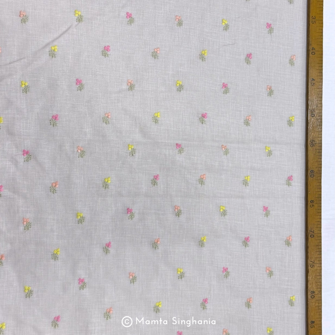 Light Grey Floral Embroidered Linen Fabric