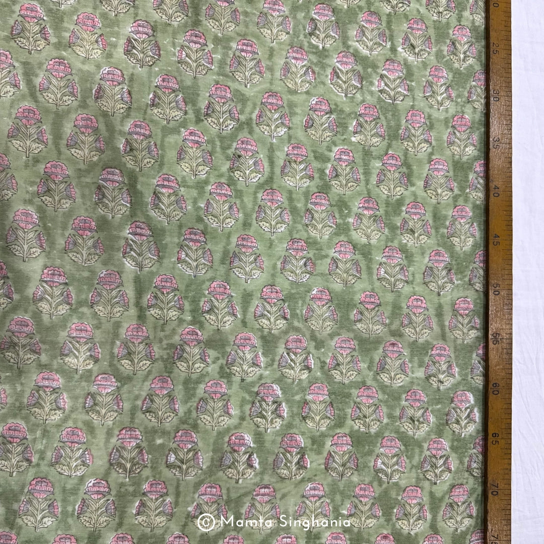 Light Green Floral Printed Mul Chanderi Fabric
