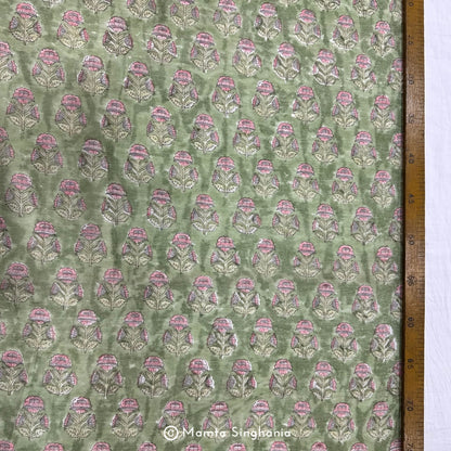 Light Green Floral Printed Mul Chanderi Fabric