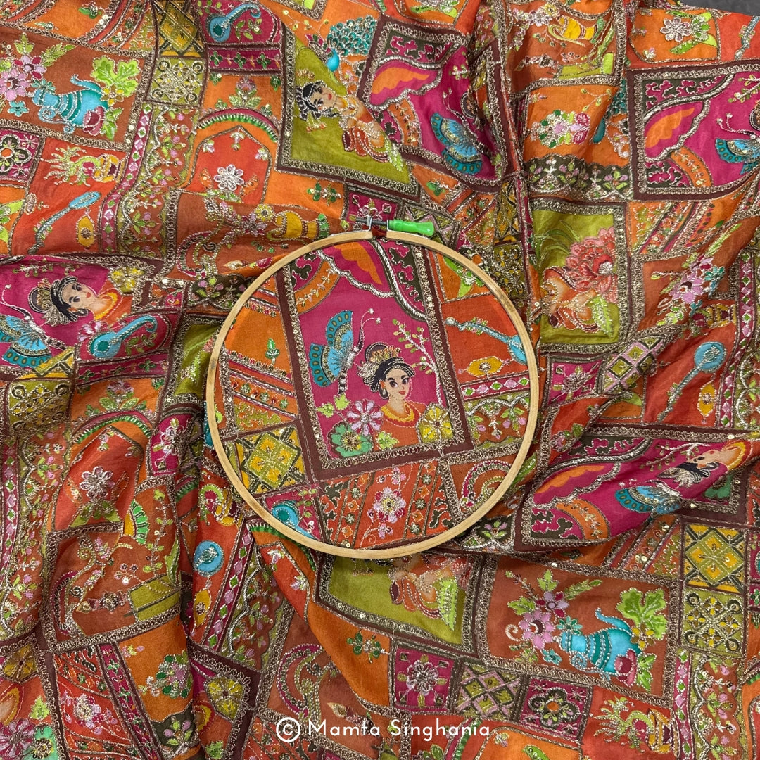 Orange Traditional Figure Embroidered Silk Crepe Lehenga Fabric