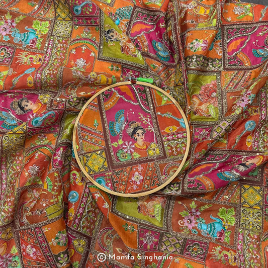 Orange Traditional Figure Embroidered Silk Crepe Lehenga Fabric
