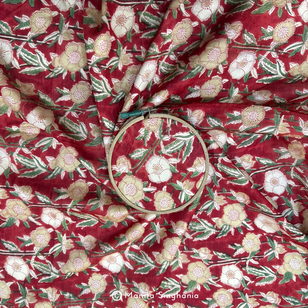 Red Floral Printed Mul Chanderi Fabric