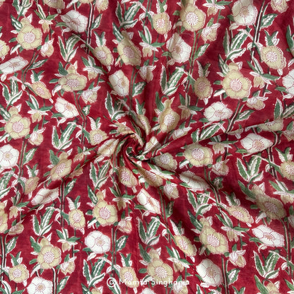 Red Floral Printed Mul Chanderi Fabric
