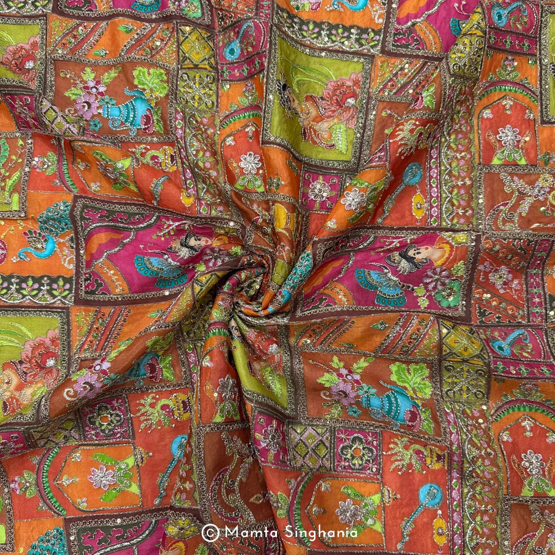 Orange Traditional Figure Embroidered Silk Crepe Lehenga Fabric