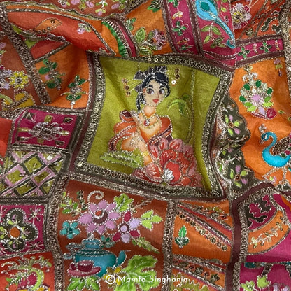 Orange Traditional Figure Embroidered Silk Crepe Lehenga Fabric