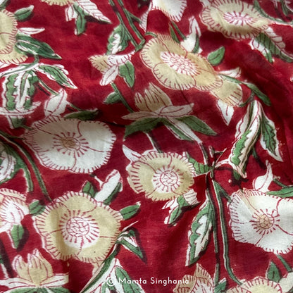 Red Floral Printed Mul Chanderi Fabric
