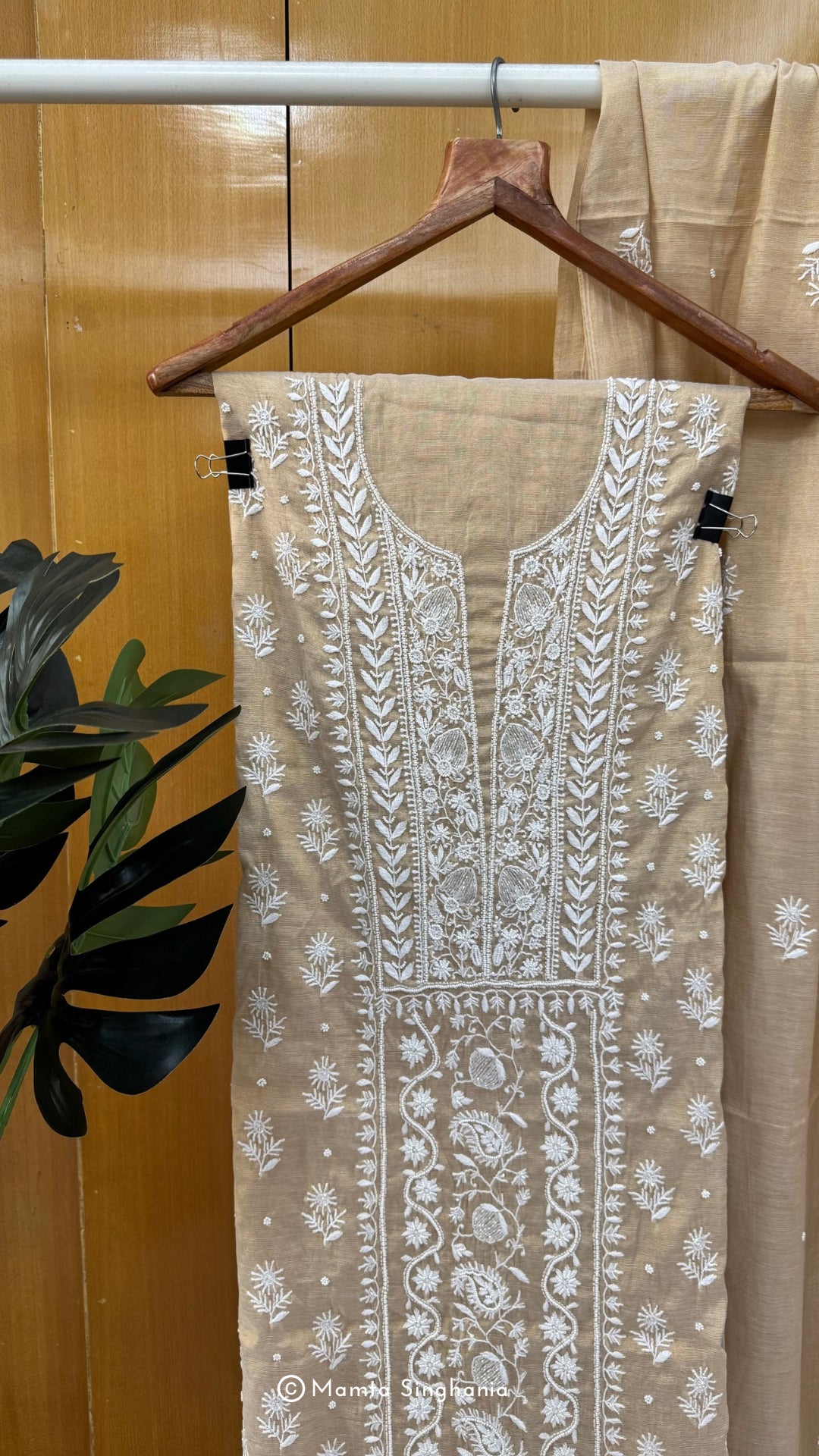 Beige Tissue Unstitched Chikankari Suit Set