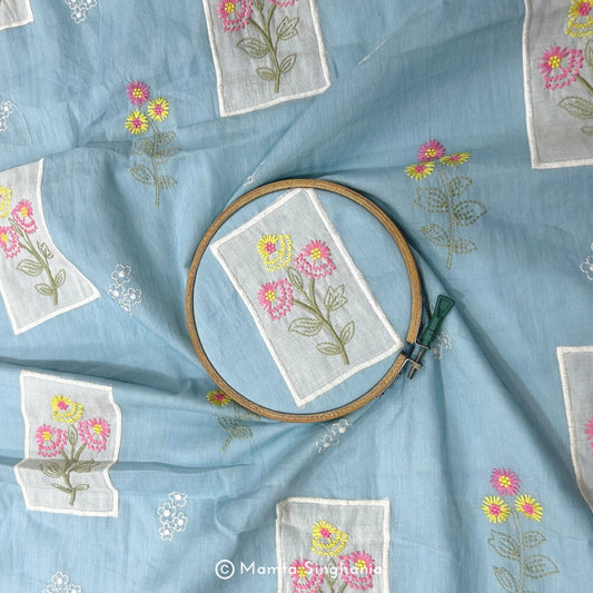Light Blue Floral Embroidered Mul Chanderi Fabric
