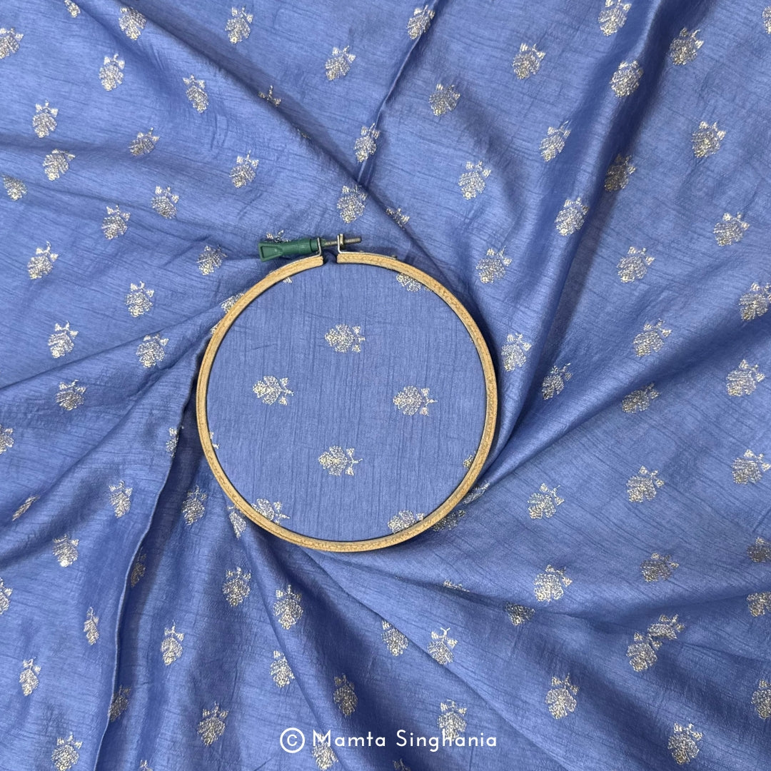 Royal Blue Floral Embroidered Raw Silk Fabric