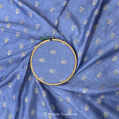 Royal Blue Floral Embroidered Raw Silk Fabric