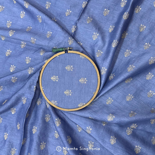 Royal Blue Floral Embroidered Raw Silk Fabric
