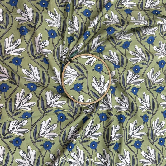 Green Floral Printed Cotton Fabric
