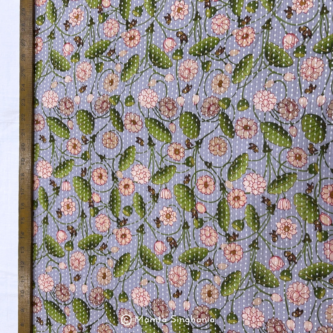 Light Mauve Floral Printed Self Weave Cotton Fabric