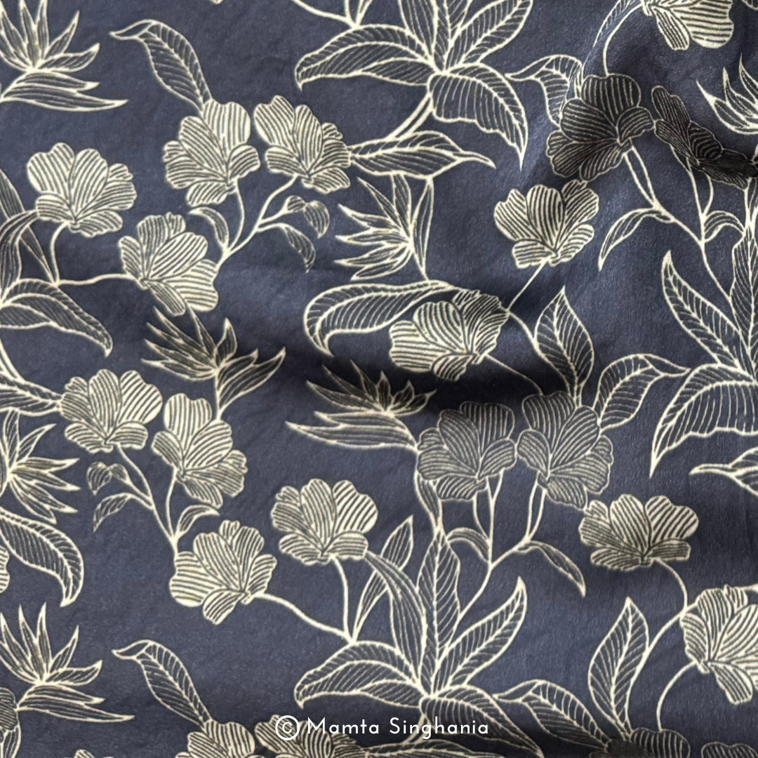 Black Blue Floral Printed Modal Satin