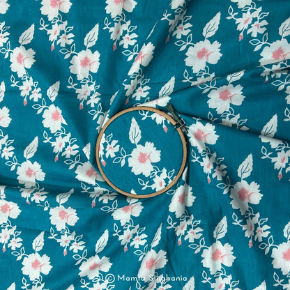 Teal Blue Floral Printed Cotton Fabric