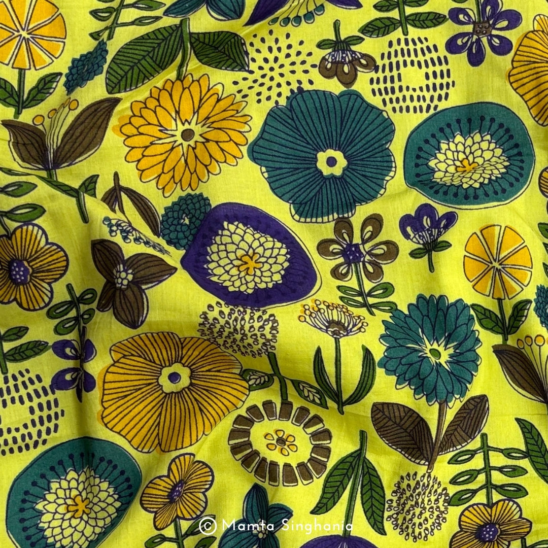Lemon Yellow Floral Printed Fabric