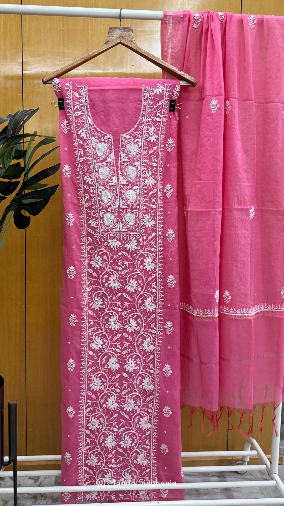 Pink Mul Chanderi Unstitched Chikankari Suit Set