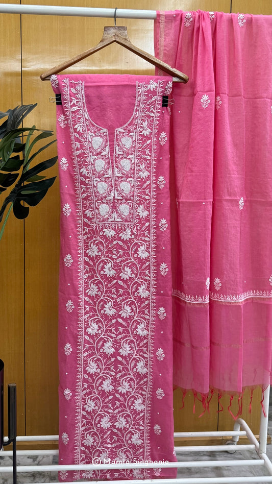 Pink Mul Chanderi Unstitched Chikankari Suit Set