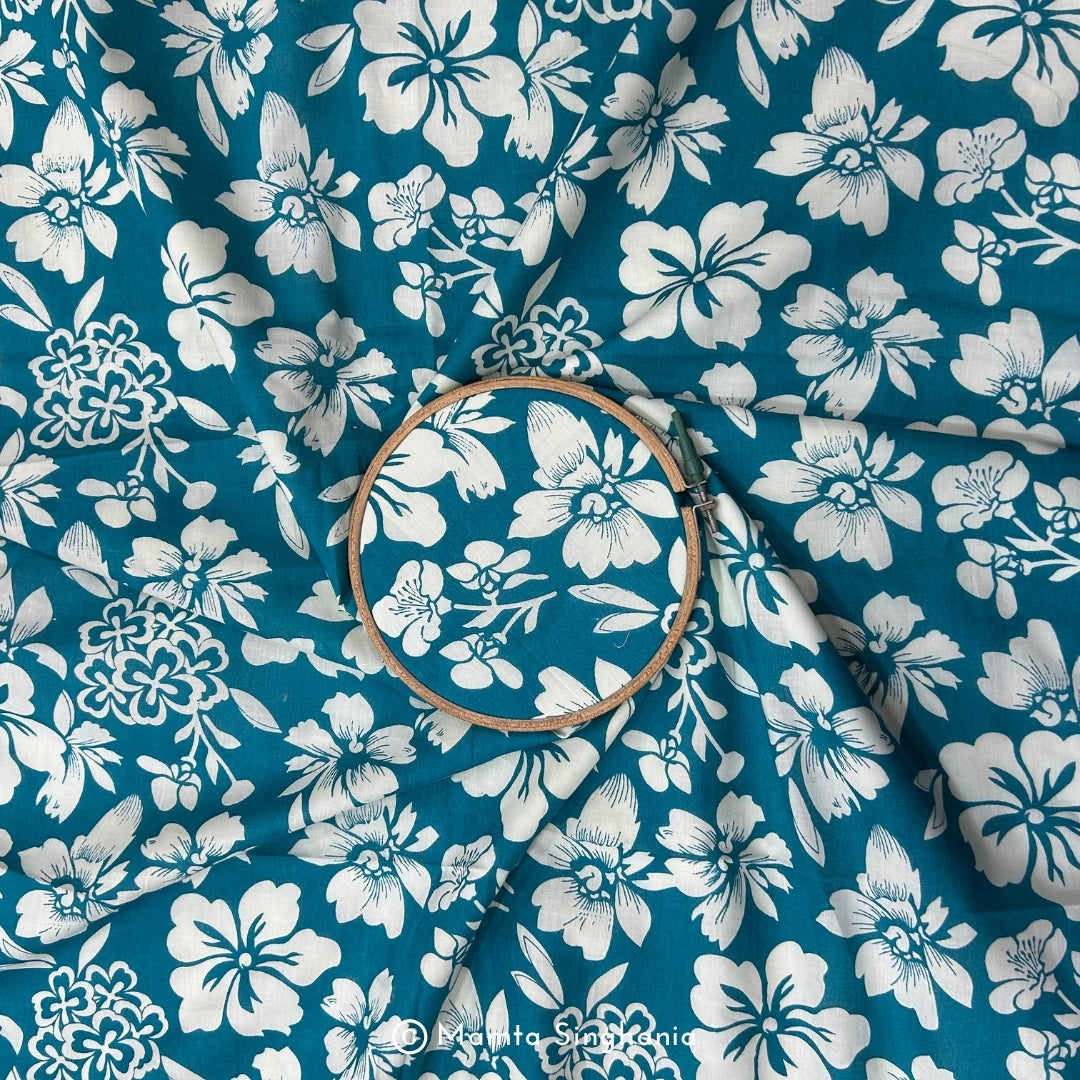 Teal Blue Floral Printed Cotton Fabric