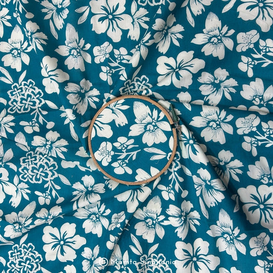 Teal Blue Floral Printed Cotton Fabric