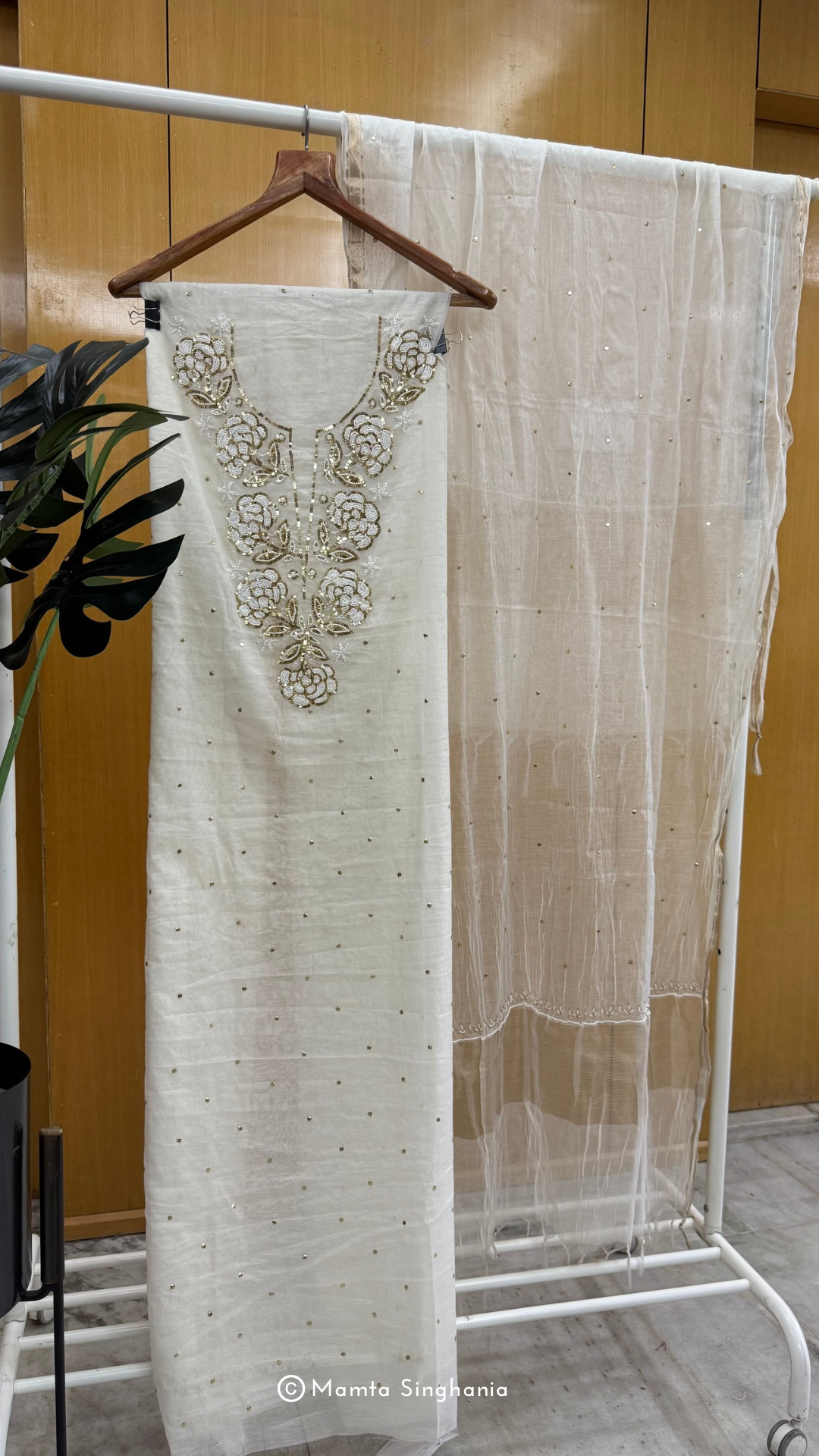 White Unstitched Mul Chanderi Moti Work Suit Set