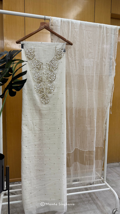 White Unstitched Mul Chanderi Moti Work Suit Set