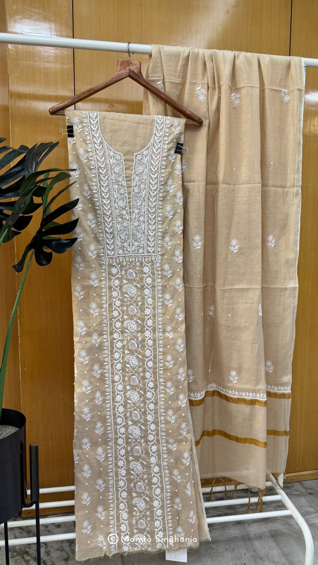 Beige Tissue Unstitched Chikankari Suit Set