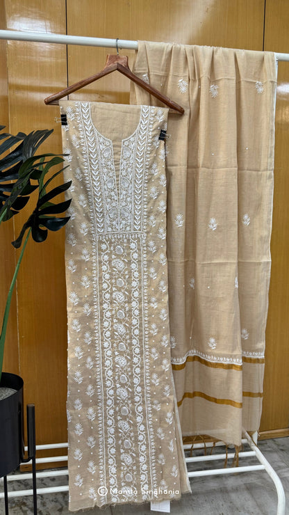 Beige Tissue Unstitched Chikankari Suit Set