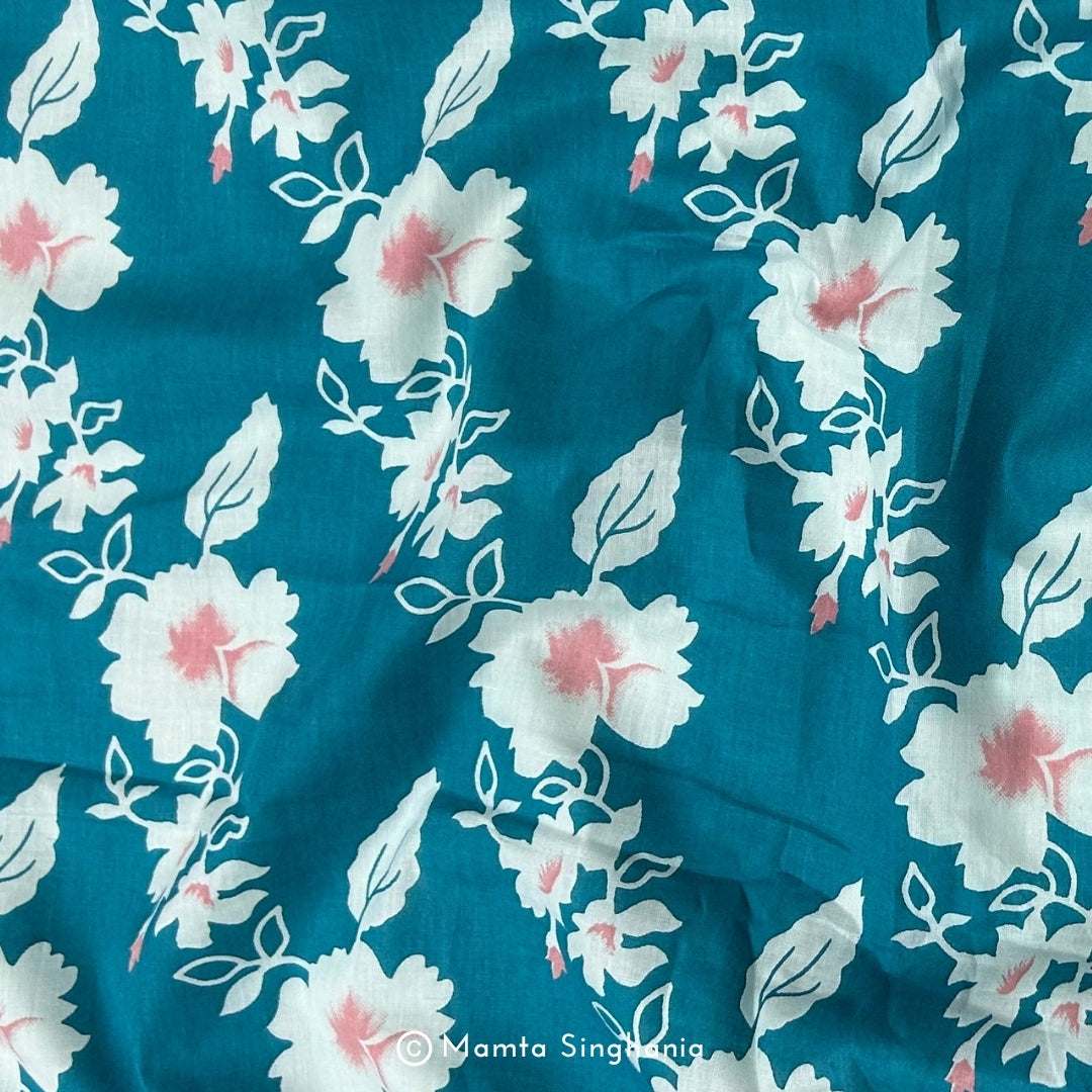 Teal Blue Floral Printed Cotton Fabric
