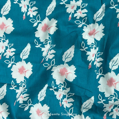 Teal Blue Floral Printed Cotton Fabric