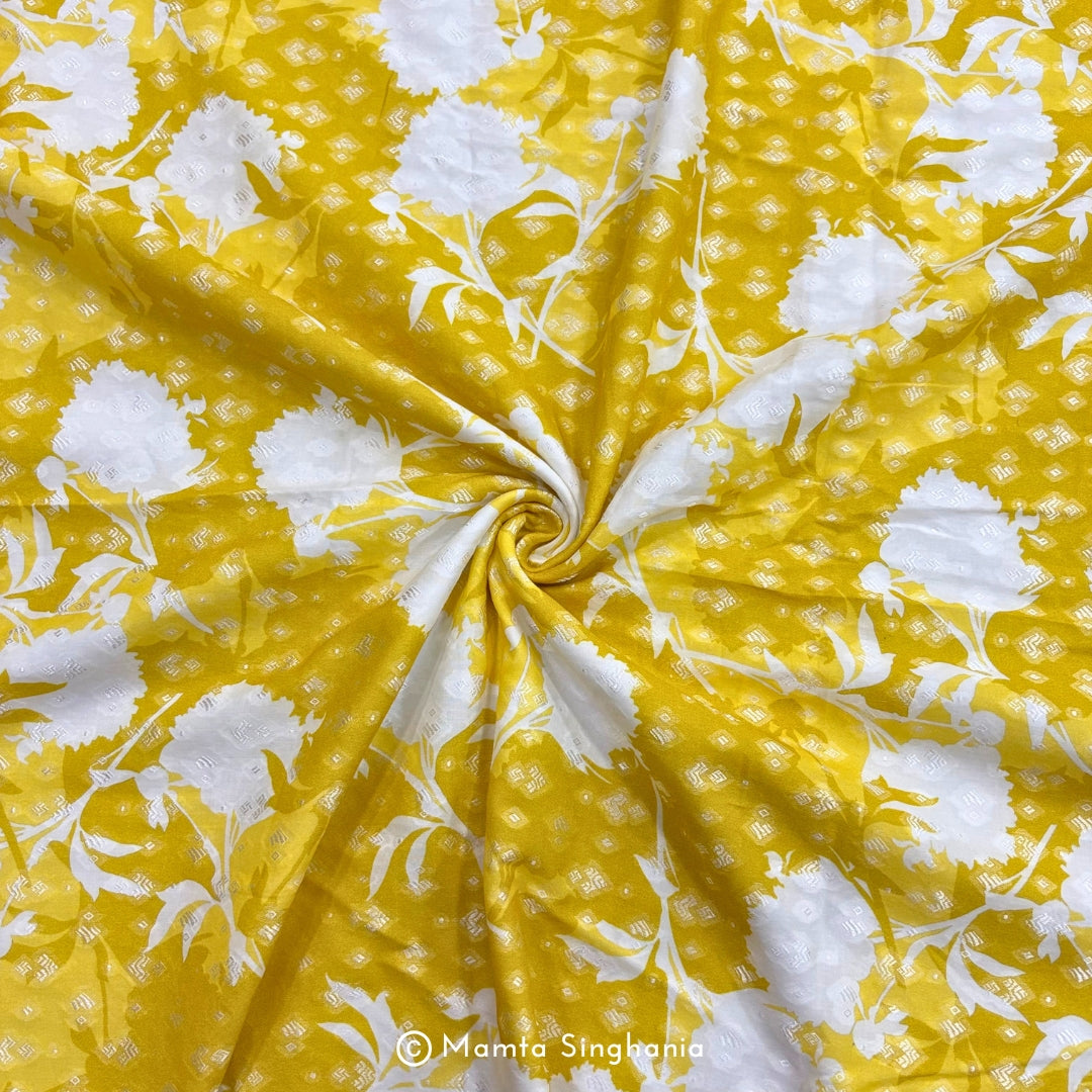 Yellow Floral Printed Self Weave Cotton Fabric
